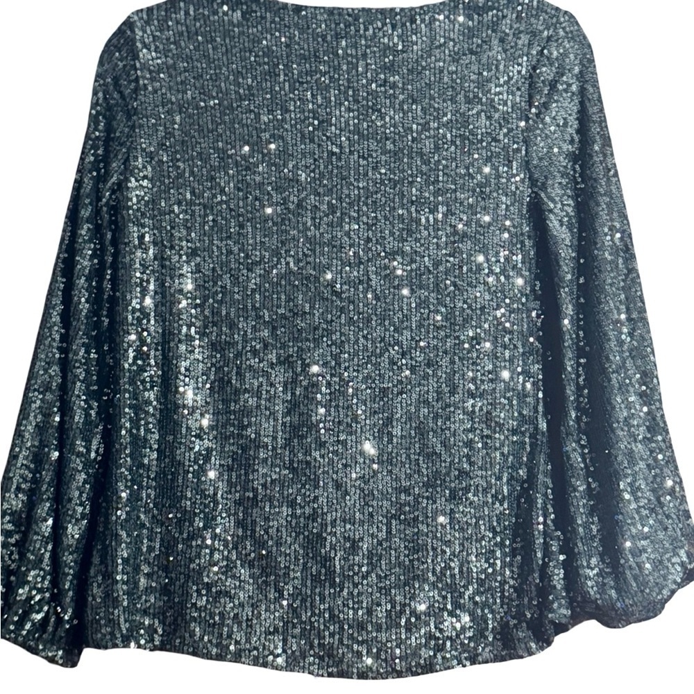 Cable & Gauge Dark Green and Silver Sequin Long Sleeve Wrap Blouse - Picture 3 of 4